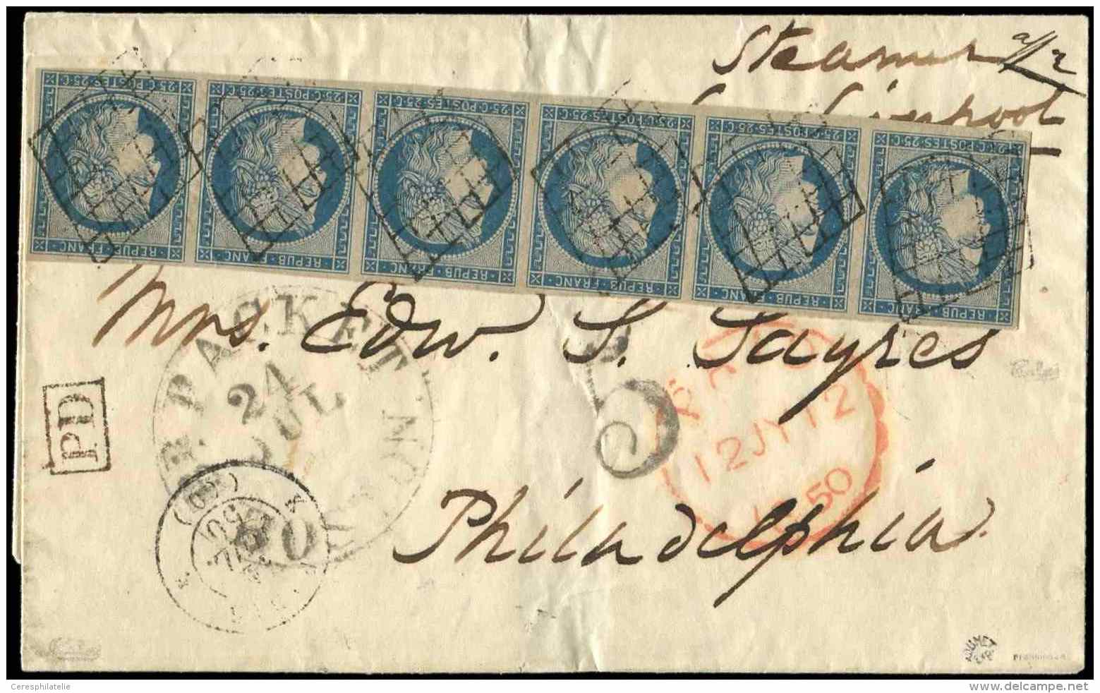 4    25c. Bleu, BANDE De 6 Obl. GRILLE S. LSC, Càd K PARIS K 11/7/50, Passage London 12/7 Puis BOSTON 24/7 Pour P - Autres & Non Classés