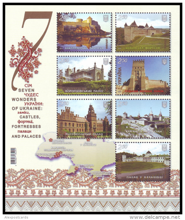 UKRAINE 2012. SEVEN WONDERS OF UKRAINE: CASTLES, FORTRESSES AND PALACES. Mi-Nr. 1296-1302 Block 103. MNH (**) - Châteaux