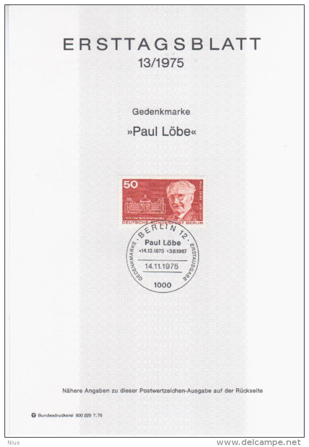 Germany Deutschland 1975-13 Paul Lobe Politician, President Of The Reichstag, First Day Sheet, Canceled In Berlin - 1974-1980