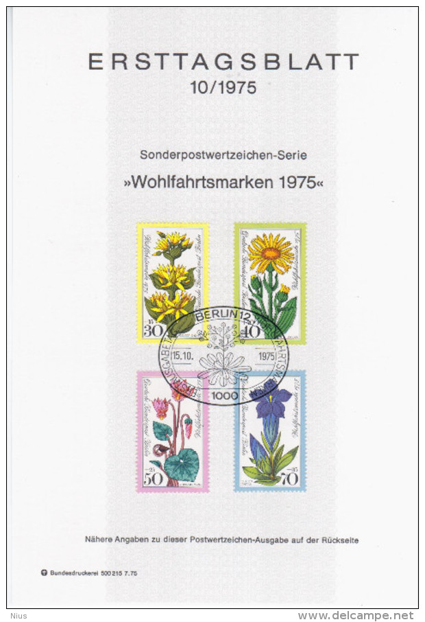 Germany Deutschland 1975-10 ETB ERSTTAGSBLATT "Wohlfahrtsmarken" Flower Flowers Flora, First Day Sheet, Berlin - 1974-1980