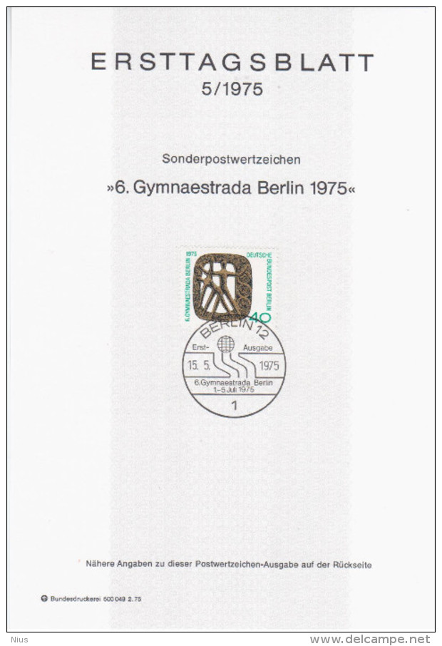 Germany Deutschland 1975-05 6. Gymnaestrada Berlin, Sport Gymnastics, First Day Sheet, Canceled In Berlin - 1974-1980