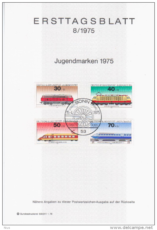 Germany Deutschland 1975 ETB ERSTTAGSBLATT "Jugendmarken" Lokomotiven Train Railroad Railway, First Day Sheet, Bonn - 1974-1980