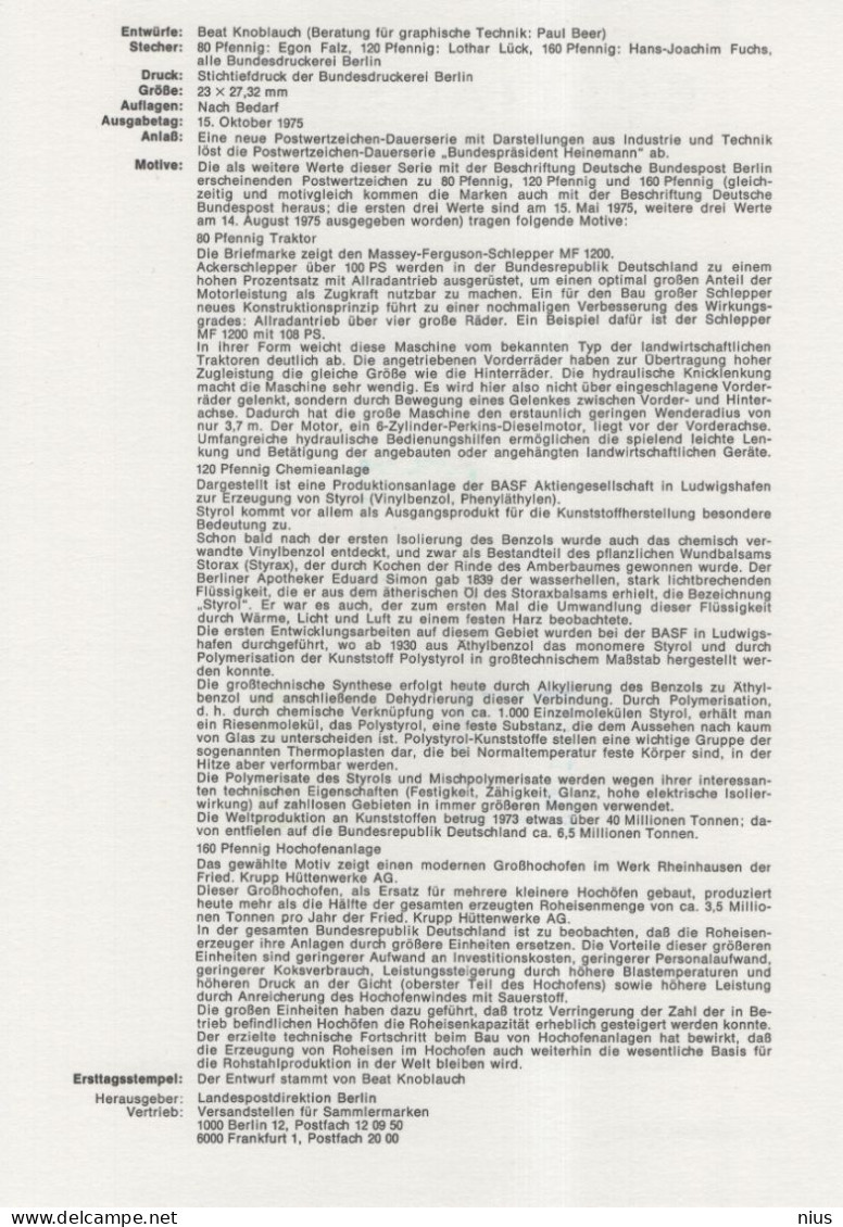 Germany Deutschland 1975-11 ETB ERSTTAGSBLATT "Industrie Und Technik" Tractor Tractors, First Day Sheet, Berlin - 1974-1980