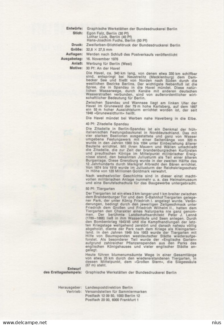 Germany Deutschland 1976-09 ETB Berlin-Ansichten Havel Zitadelle Spandau Tiergarten, First Day Sheet, Canceled In Berlin - 1974-1980
