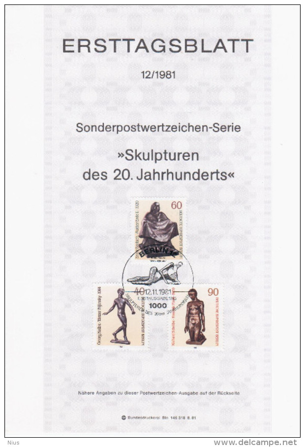 Germany Deutschland 1981-12 Skulpturen Des 20. Jahrhunderts, First Day Sheet, Canceled In Berlin - 1981-1990