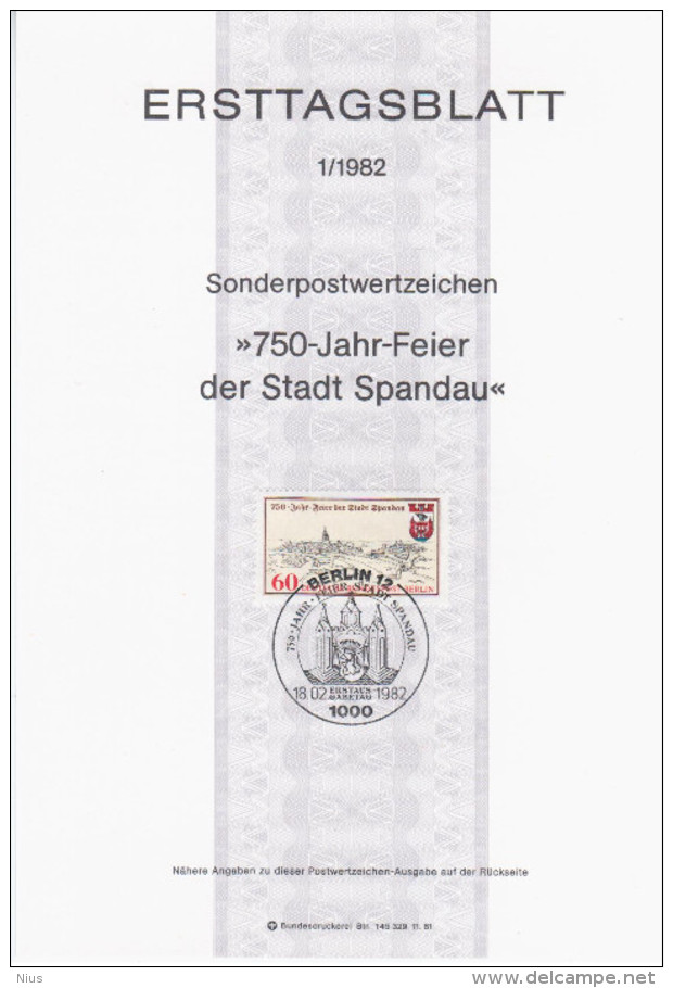 Germany Deutschland 1982-01 720-Jahr-Feier Der Stadt Spandau, First Day Sheet, Canceled In Berlin - 1981-1990