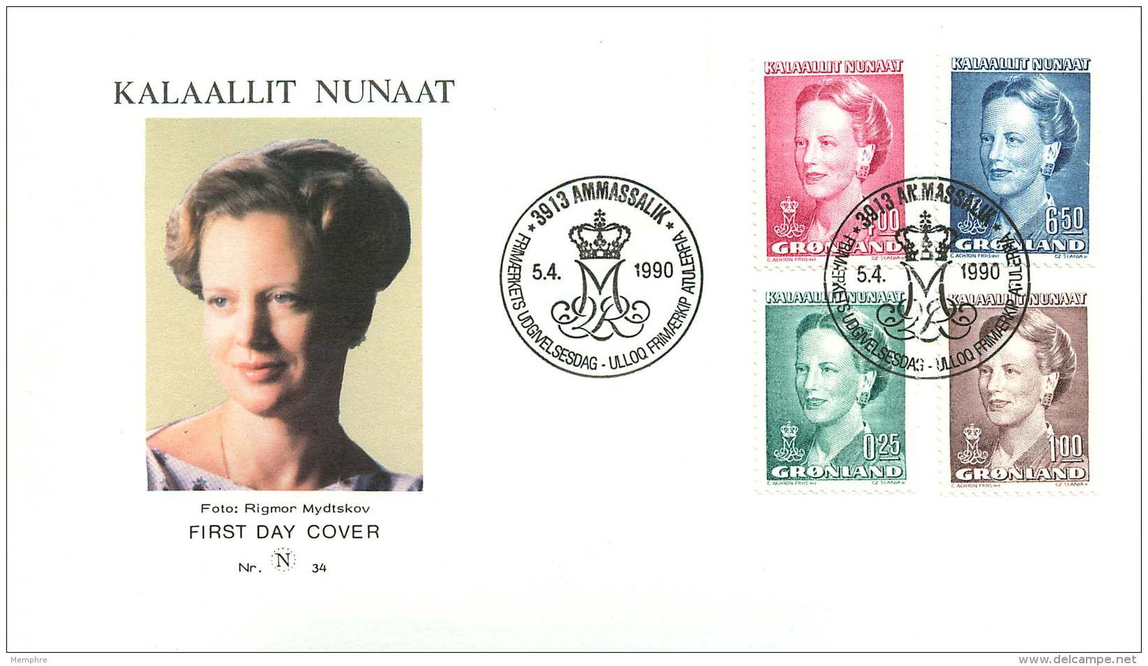 1990 Queen Margrethe  4Kr, 6,50Kr, 0,25Kr, 1,00Kr Values - FDC