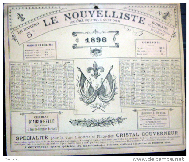 33 BORDEAUX 1896 CALENDRIER OFFERT PAR LE JOURNAL ANTIDREYFUSARD ET ANTISEMITE  LE  NOUVELLISTE - Groot Formaat: ...-1900