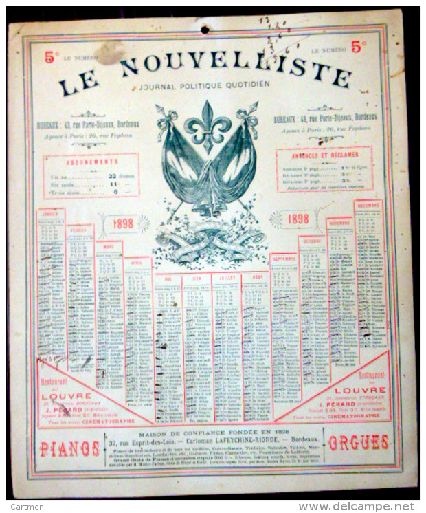 33 BORDEAUX 1898 CALENDRIER OFFERT PAR LE JOURNAL ANTIDREYFUSARD ET ANTISEMITE  LE  NOUVELLISTE - Groot Formaat: ...-1900