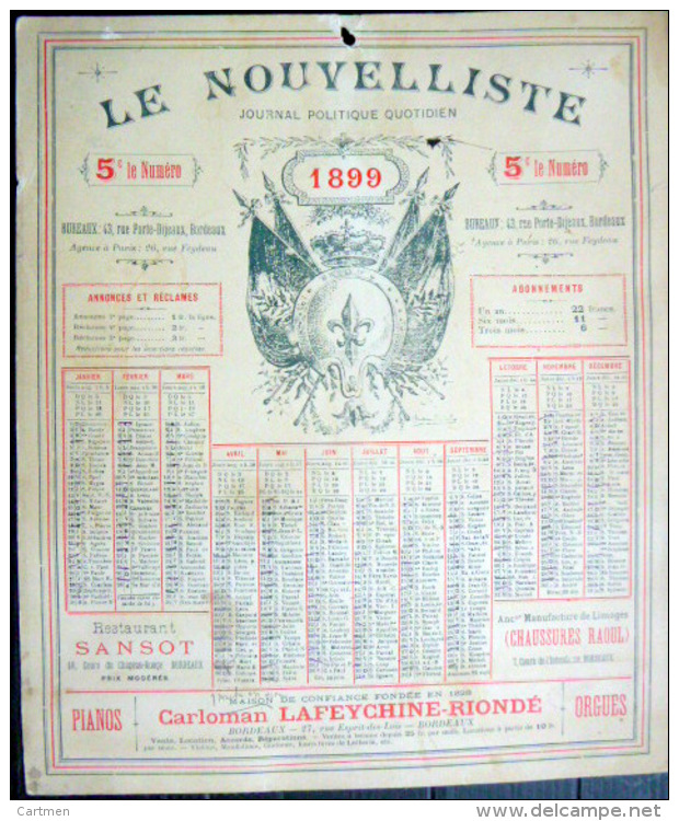 33 BORDEAUX 1899 CALENDRIER OFFERT PAR LE JOURNAL ANTIDREYFUSARD ET ANTISEMITE  LE  NOUVELLISTE - Grand Format : ...-1900