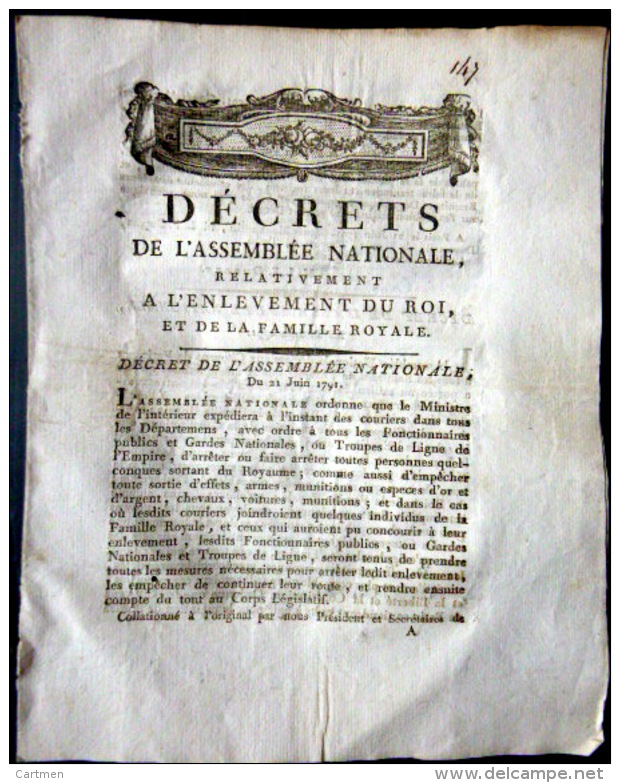 REVOLUTION FRANCAISE  ARRESTATION DE LOUIS XVI A VARENNES EN 1791 DECRET D'ENQUETE RECHERCHE DE COMPLICES - Décrets & Lois
