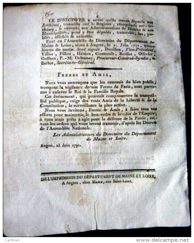 REVOLUTION FRANCAISE  ARRESTATION DE LOUIS XVI A VARENNES EN 1791 DECRET D'ENQUETE RECHERCHE DE COMPLICES - Décrets & Lois