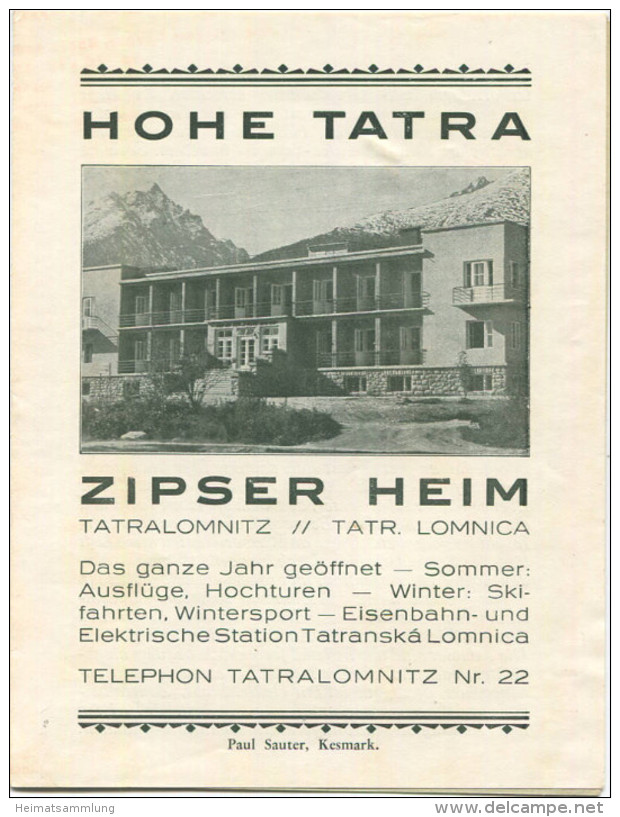 Slowakei - Hohe Tatra - Tatralomnitz - Tatr. Lomnica - Zipser Heim 1936 - Faltblatt Mit 1 Abbildung - Dépliants Touristiques