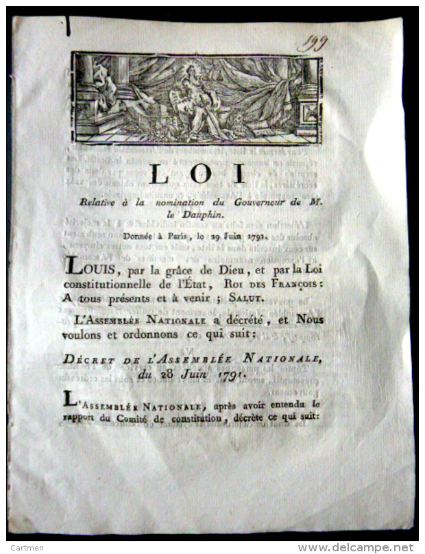 REVOLUTION FRANCAISE  LOUIS XVII   NOMINATION D'UN GOUVERNEUR POUR PROTEGER  LE DAUPHIN - Wetten & Decreten