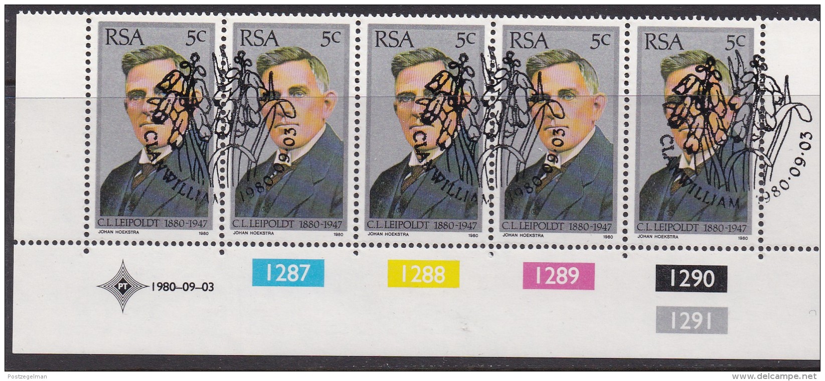 SOUTH AFRICA, 1980, Cancelled To Order Stamps, Control Strip Of 5, Louis Leipoldt,  SA 483, - Used Stamps