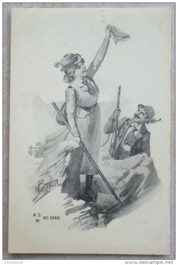Cpa Litho Illustrateur Precurseur BRAUN  A.S.W. 1088 COUPLE Femme Homme Fusil Marcheur Sommet Montagne Canne - Braun, W.
