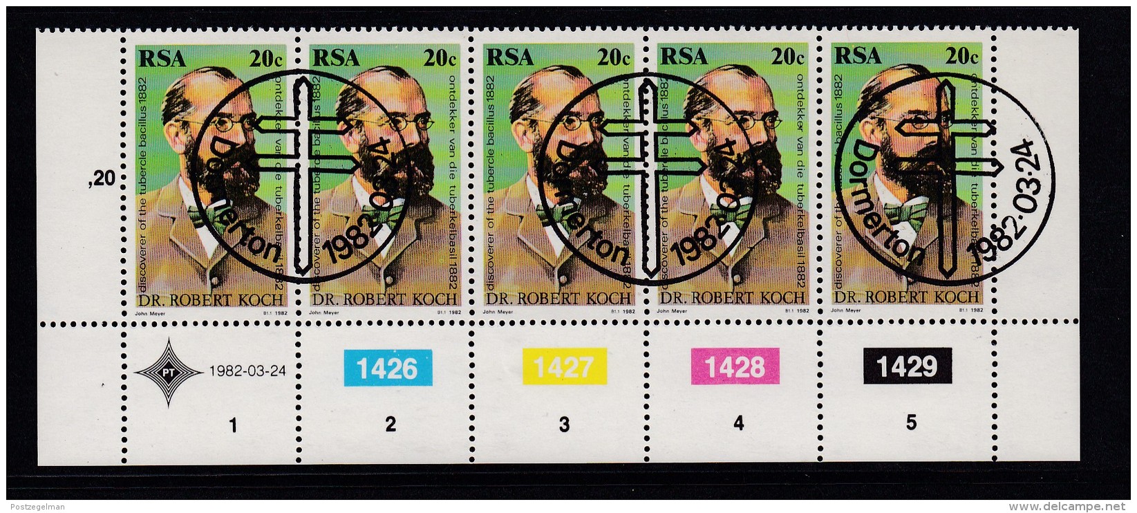 SOUTH AFRICA, 1982, Cancelled To Order Stamps, 1 Control Strip Of 5, Dr. Robert Koch,  SA 509 - Used Stamps