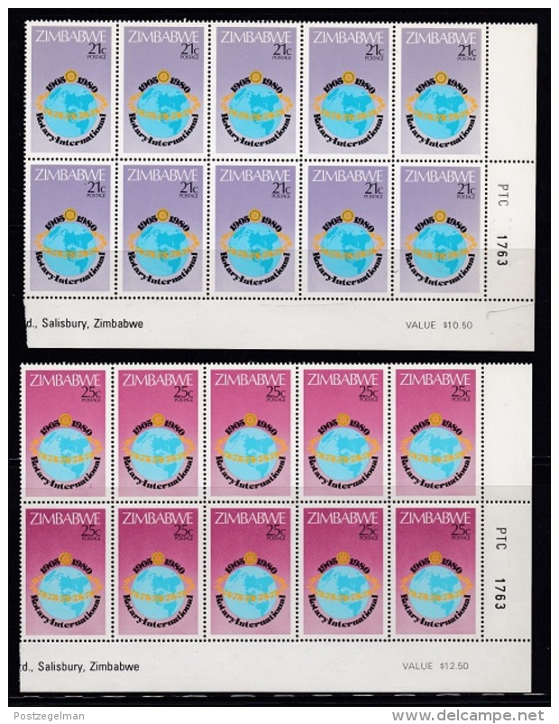 ZIMBABWE, 1980, Cancelled To Order Stamps, 4 Control Block Of 10, Rotary International,  M 242-245 - Zimbabwe (1980-...)