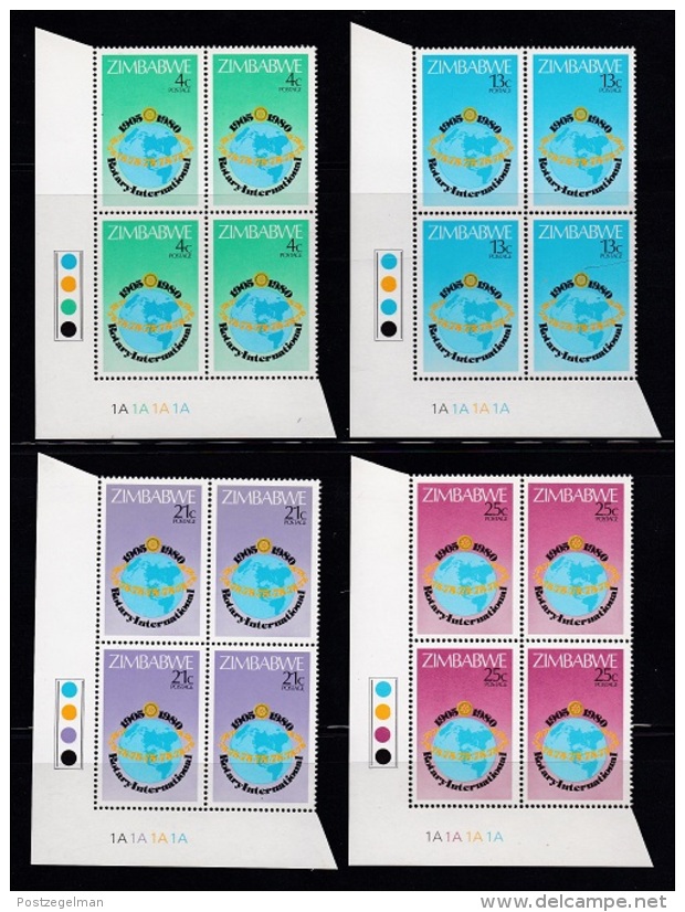 ZIMBABWE, 1980, Cancelled To Order Stamps, 4 Control Block Of 4, Rotary International,  M 242-245 - Zimbabwe (1980-...)