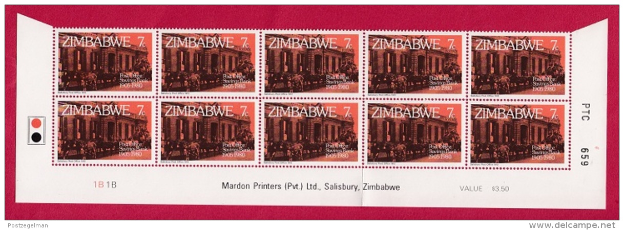 ZIMBABWE, 1980, Cancelled To Order Stamps, 4 Control Block Of 10, Postal Savings Bank  M 247-250 - Zimbabwe (1980-...)