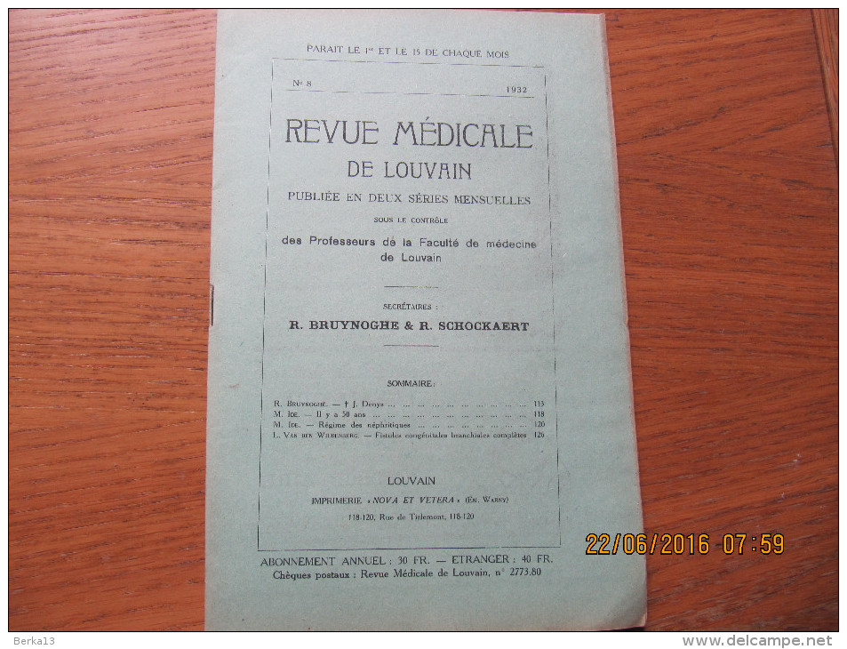 REVUE MEDICALE DE LOUVAIN N° 8 - 1932 Régime Des Néphritiques M. IDE - 1900 - 1949