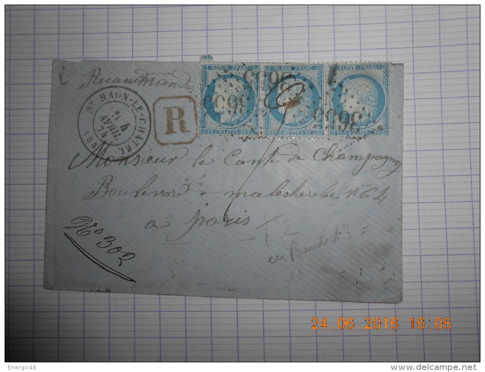 Lot Du 25-06-16_01_rare Bande De Trois Du N°60 Type 2,reexpediée,marque Facteur Verso De St Haon Le Chateau,GC 3655 - 1871-1875 Ceres