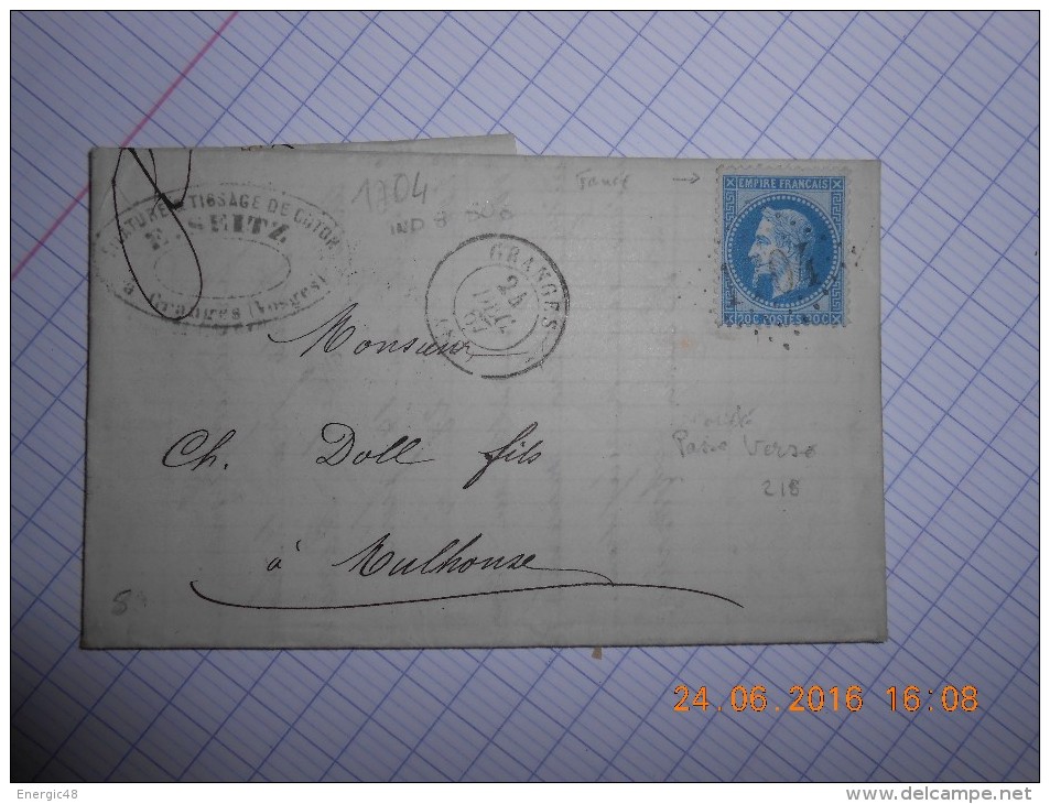 Lot Du 25-06-16_06_n29.lettre De Granges .GC 1703,ind 8.passe Verso - 1863-1870 Napoléon III Lauré
