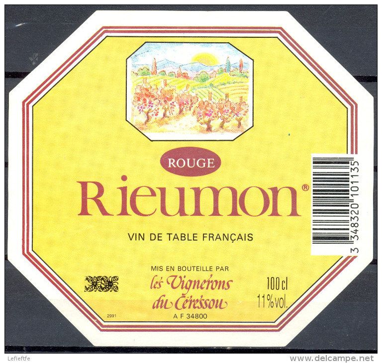 339 - Vin De Table Rouge - Rieumon - Les Vignerons Du Ceressou 34800 Aspiran - Vino Tinto