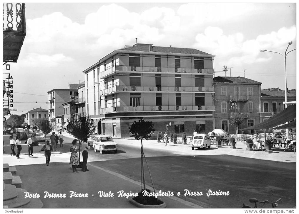 04557 "(MC) PORTO POTENZA PICENA - VIALE REGINA MARGHERITA E PIAZZA STAZIONE" ANIMATA, AUTO '60.  CART SPED 1963 - Altri & Non Classificati