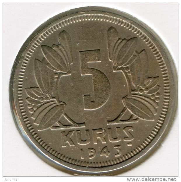 Turquie Turkey 5 Kurus 1943 KM 862 - Turquia