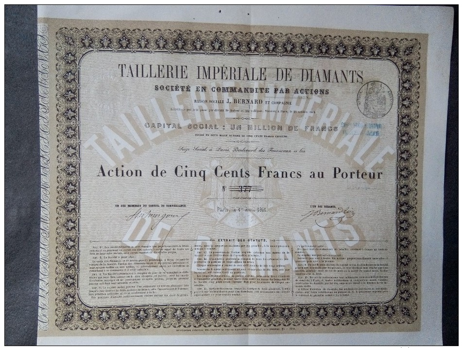 1 Taillerie Impériale De DIAMANTS 1861 Action 500 FR - Autres & Non Classés