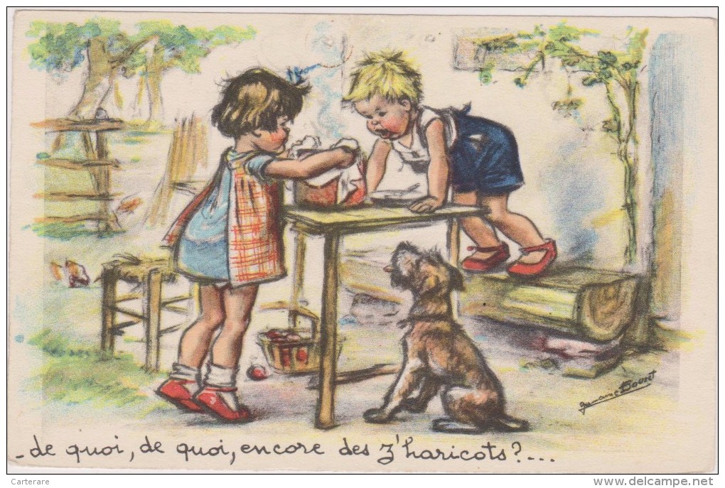 Carte Postale Signée Germaine Bouret,illustratrice Trés Cotée,thème De La Bonne Bouffe,haricot De La Ferme,popote,chien - Bouret, Germaine