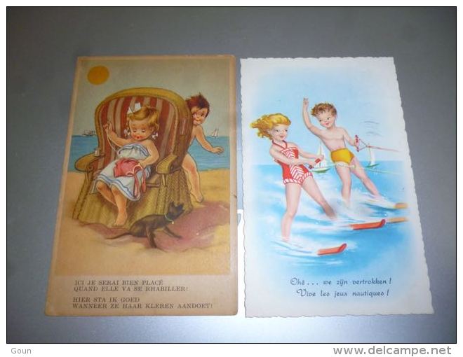 BC2-4-70 Lot De 2 Carte Postale Illustrateur 2 Enfants à La Plage Et Ski Natique - Non Classés