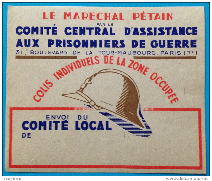 Guerre 39/45 Papillon Pr Envoi De Colis Aux Prisonniers De Guerre Ravitaillement Utilisé En Zone Occupée Maréchal Pétain - Neufs