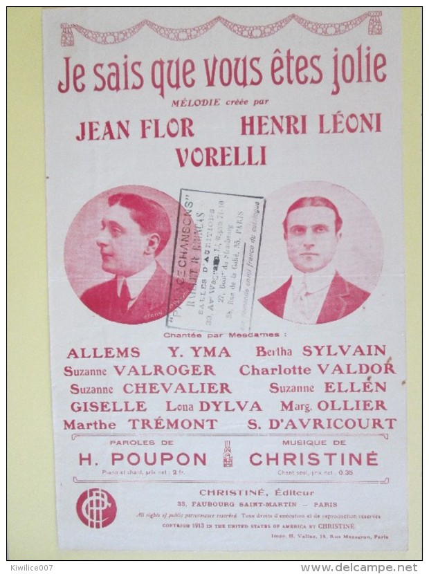 Je Sais Que Vous Etes Jolie   Jean Flor ,  Henri Leoni,   Vorelli   Poupon Christiné - Libri Di Canti