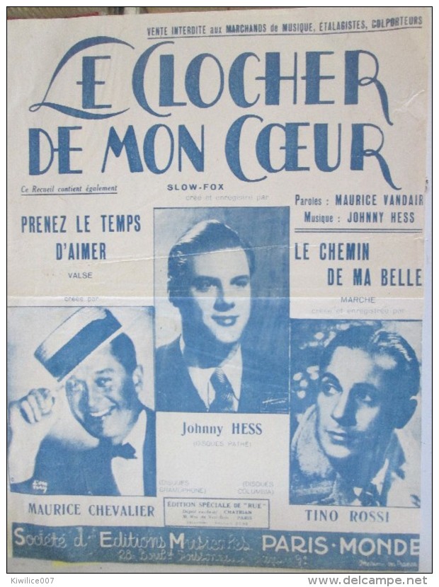 Le  Clocher De Mon Coeur    Maurice Vandair Johnny Hess   Tino Rossi  Le Chemin De Ma Belle    Chevalier - Liederbücher