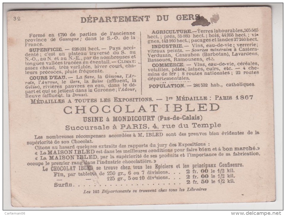 Chromo - Chocolat Ibled - Paris - Mondicourt - Carte Du Département Du Gers (Condom, Auch, Cazoubon, Castelnau) - Ibled