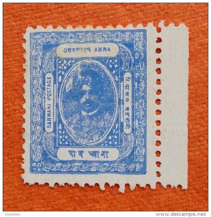 " BARWANI " State, Princely State India, 1928, SG 28c, 1/4 Anna, Ultramarine, Rana Ranjit Singh, MH, Fine Quality - Barwani