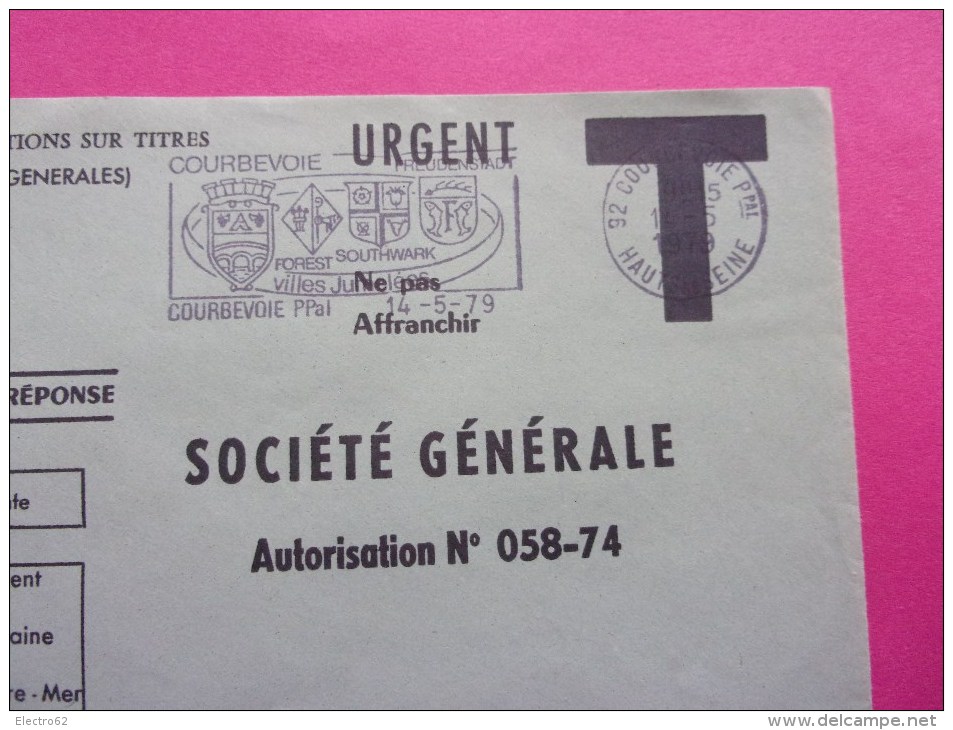 Enveloppe Réponse Société Générale  Courbevoie PPAL  Lettre T  14-05-79 - Oblitérations Mécaniques (flammes)