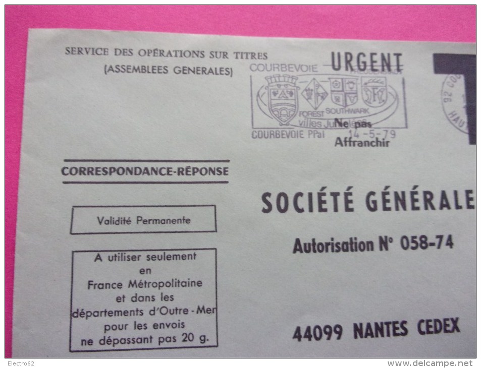 Enveloppe Réponse Société Générale  Courbevoie PPAL  Lettre T  14-05-79 - Oblitérations Mécaniques (flammes)