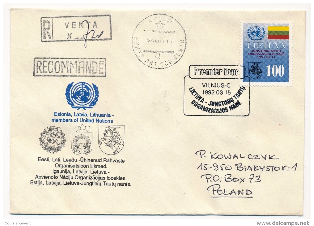LITUANIE - Une Enveloppe Recommandée - Admission De La Lituanie à L'ONU - 1992 - Ayant Voyagé - VN