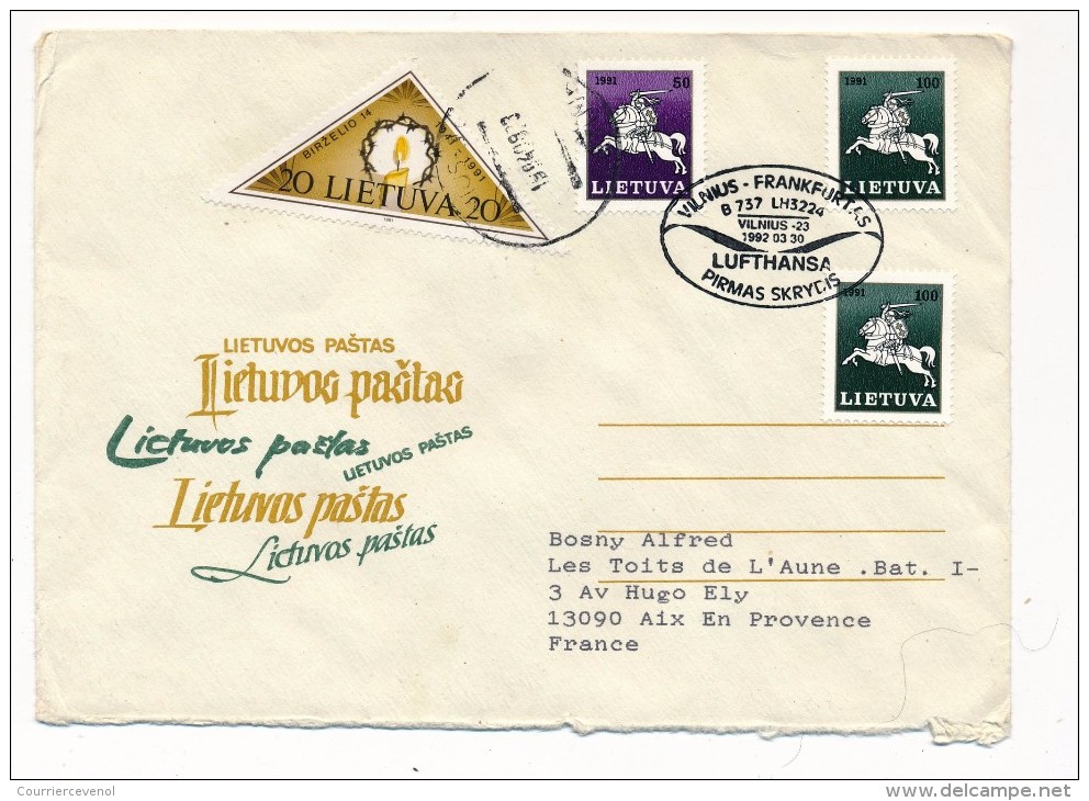 LITUANIE - Une Enveloppe - Premier Vol VILNIUS => FRANCFORT - 1992 - Airplanes
