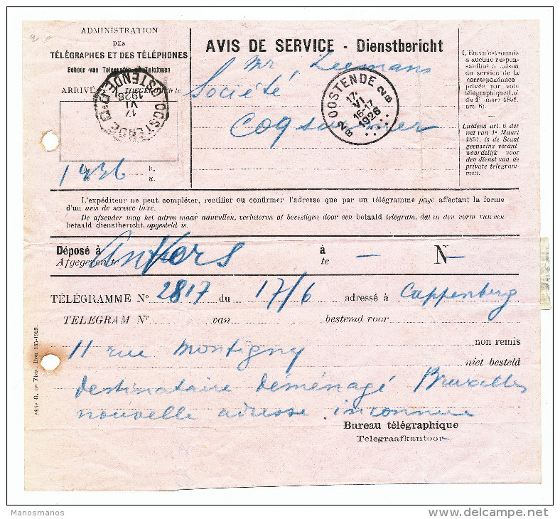 699/23 - Administration Des Télégraphes - AVIS De SERVICE OOSTENDE 1926 - Document Peu Commun - Timbres Télégraphes [TG]