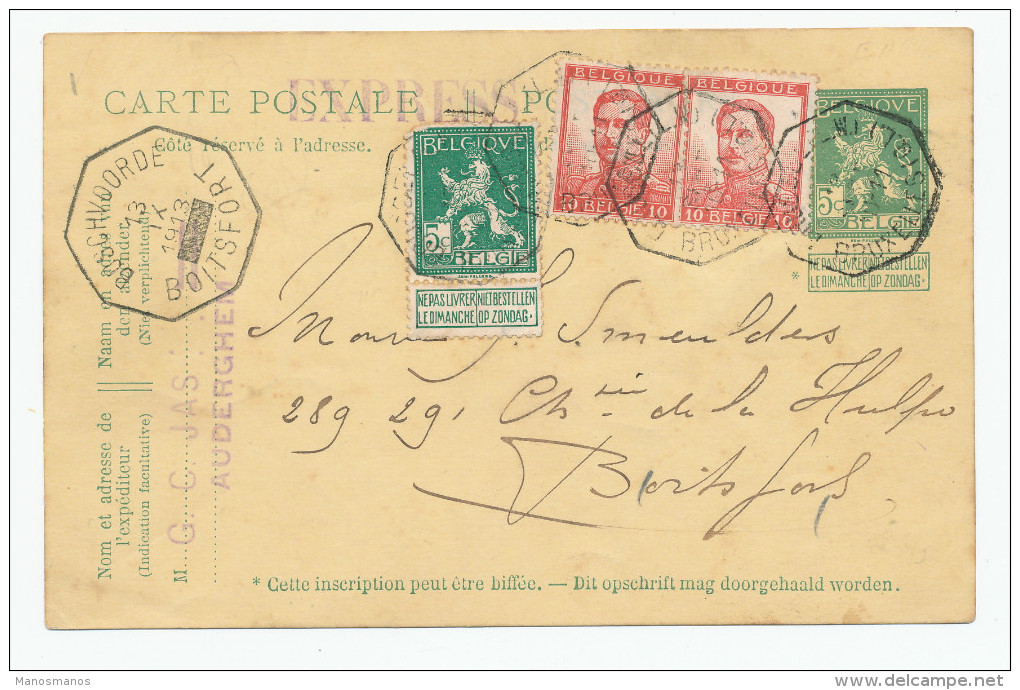 708/23 - Entier Pellens + TP Idem En EXPRES - Télégraphique BRUXELLES Q.L. 1913 Vers BOITSFORT - Cartes Postales 1909-1934