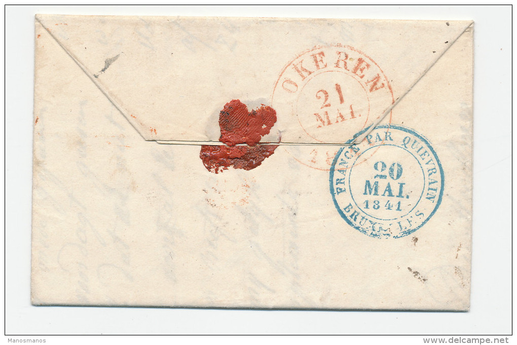 814/23 -- Lettre Précurseur PARIS 1841 Vers LOKEREN - 4 è Rayon - Entrée France Par Quiévrain Bruxelles En Bleu - Grenzübergangsstellen