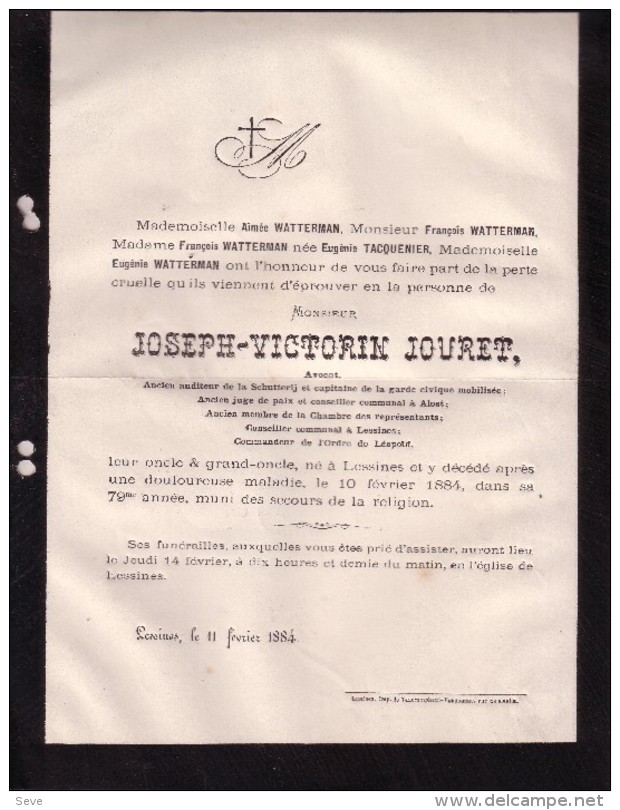 LESSINES ALOST Joseph-Victorin JOURET Avocat Conseiller Communal AALST LESSINES Ancien Député 1805-1884 WATTERMAN - Décès