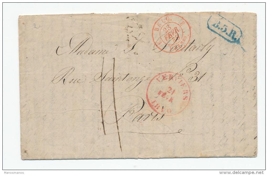 816/23 -- Lettre Précurseur VERVIERS 1840 Vers PARIS - RARE Marque B5R En Bleu De Bruxelles - 1830-1849 (Belgique Indépendante)