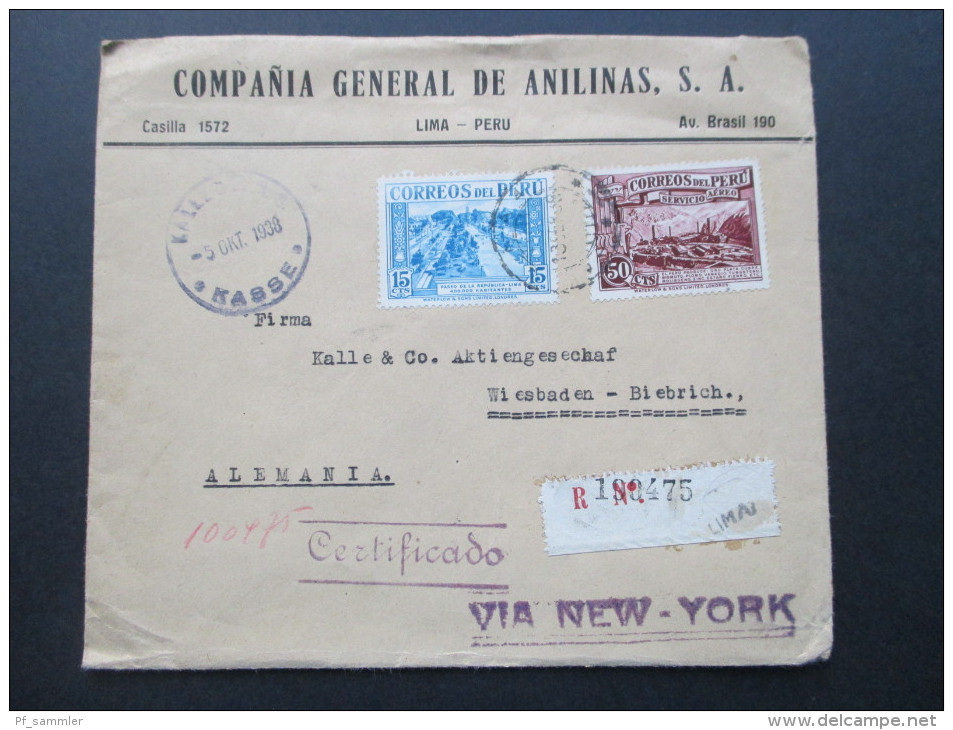 Peru Luftpostbeleg 1938 Via New York. Certificado. R 190475 Lima. Compania General De Anilinas S.A. - Pérou