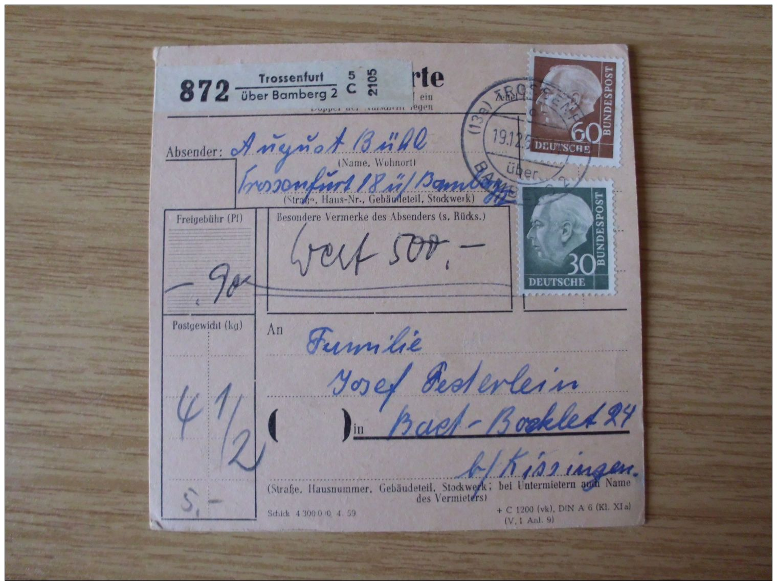 1959/60, SAMMLUNG PAKETKARTEN Mit Der HEUSS-AUSGABE Mit STEMPEL Von TROSSENFURT über BAMBERG - Briefe U. Dokumente