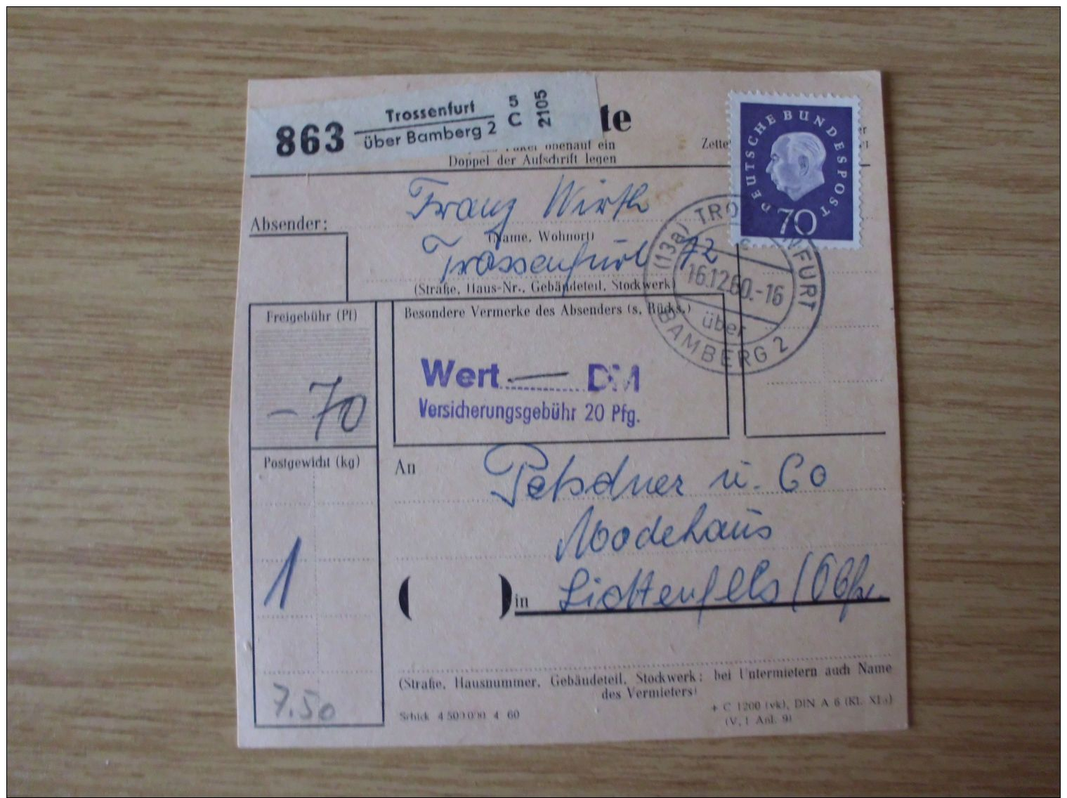 1959/60, SAMMLUNG PAKETKARTEN mit der HEUSS-AUSGABE mit STEMPEL von TROSSENFURT über BAMBERG